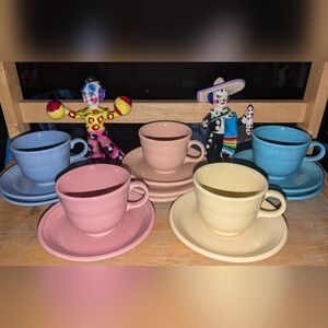 Vintage Fiestaware- 5 Cups and 9 Saucers- Various Colors- Good Used Condition!